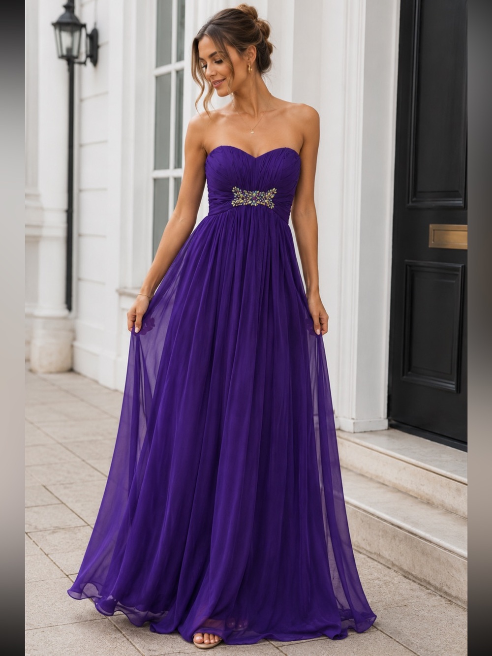 La Femme Dark Purple Chiffon Strapless Rhinestone Formal Maxi Gown Size 4 Prom